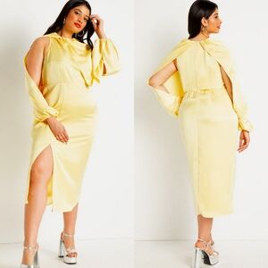 ELOQUII Elegant Overlay Sleeve Satin Dress with Mock Cape Plus Size